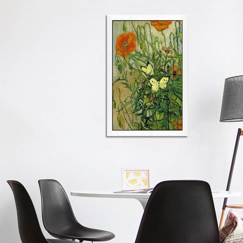 Butterflies And Poppies by Vincent Van Gogh - Floater Frame Painting on Canvas, 66.04 cm H x 45.72 cm W, White