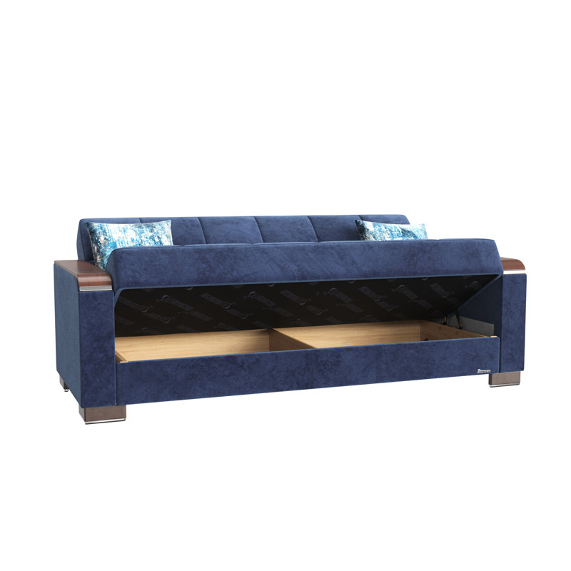 Canapé-lit rembourré avec rangement en microfibre bleue - Bois convertible d'aspect moderne avec garniture pour le confort