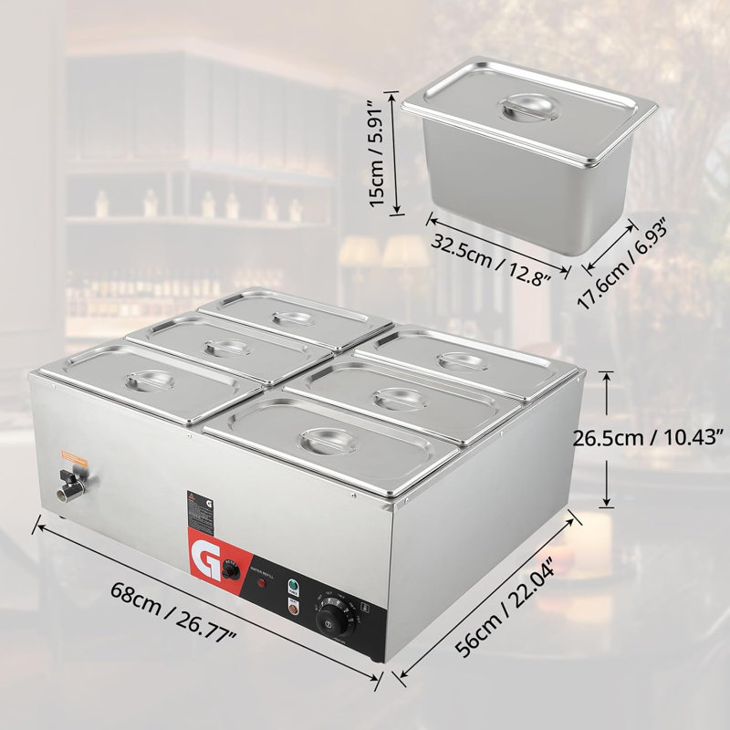 Chauffe-plat commercial 6 casseroles - 6 x 6,3 pte, table à vapeur électrique 1200W
