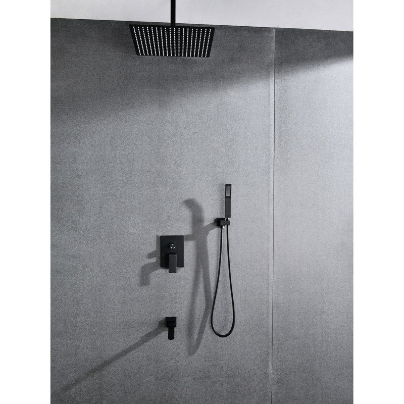 Douche de plafond avec douchette et tête de 16 po - Nickel brossé, acier inoxydable, buse autonettoyante garantissant un débit d'eau non obstrué, douche à effet pluie naturelle, conforme à la norme américaine