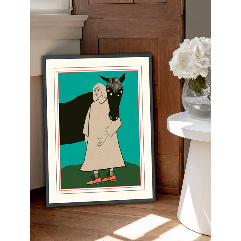 Cheval noir et femme, H 21,75 po x l 17,75 po