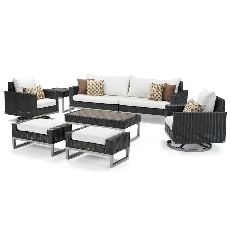 8 Piece Motion Deep Seating Patio Conversation Set, Brown, Navy Blue