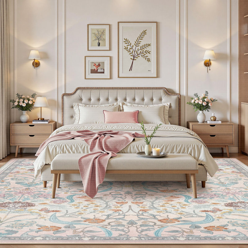 Farmhouse Floral  Area Rug Washable with Non-Slip for Playroom Living Room Bedroom -Pink, Rectangle 5' x 7', Pink