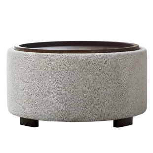Caysey 30.1" W Upholstered Round Storage Ottoman with Wooden Tray
