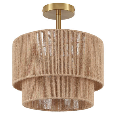 3-light Boho Light Fixtures Ceiling Mount, Rattan Semi Flush Ceiling Light With 2-tier Shade, Rustic Hand-woven Drum Light Fixture For Hallway Kitchen Foyer Farmhouse Bedroom