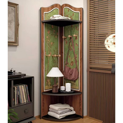 Corner Coat Rack 47", Vintage Floral Corner Hall Tree with 3 Shelves & 6 Hooks for Small Spaces