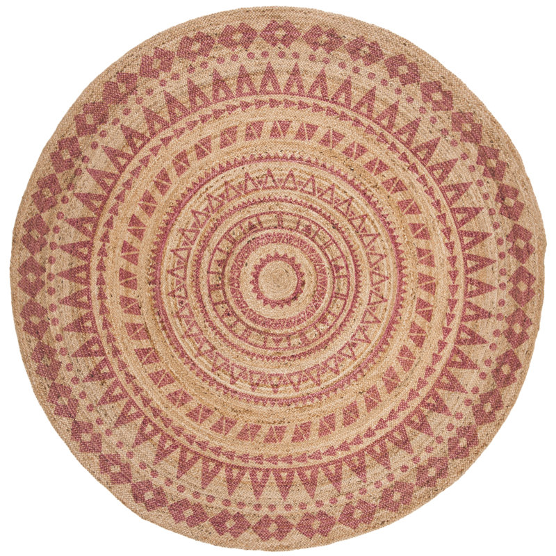 Tapis à motif Sud-Ouest tissé à plat à la main naturel rose Round Devaughn, Rond 3 pi x 3 pi