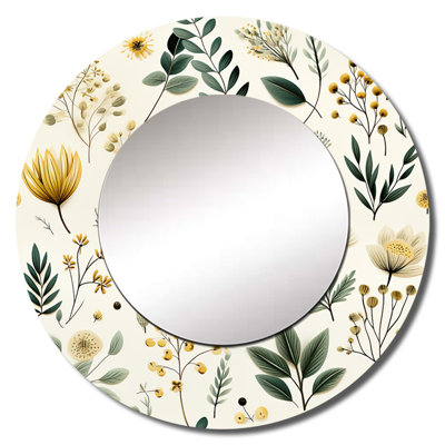 Ruthia Botanical Neutrals Boho Pattern - botanical  Decorative Wall Mirror, Boho Round Mirror, Printed Metal Art
