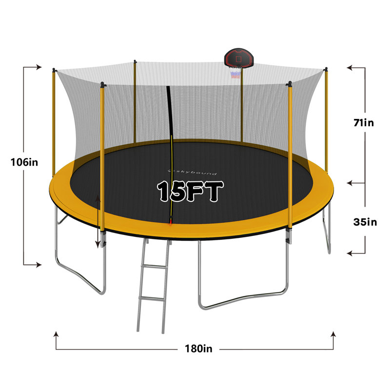 Trampoline de cour arrière de 15 pi avec enceinte de sécurité SkyBond, Orange