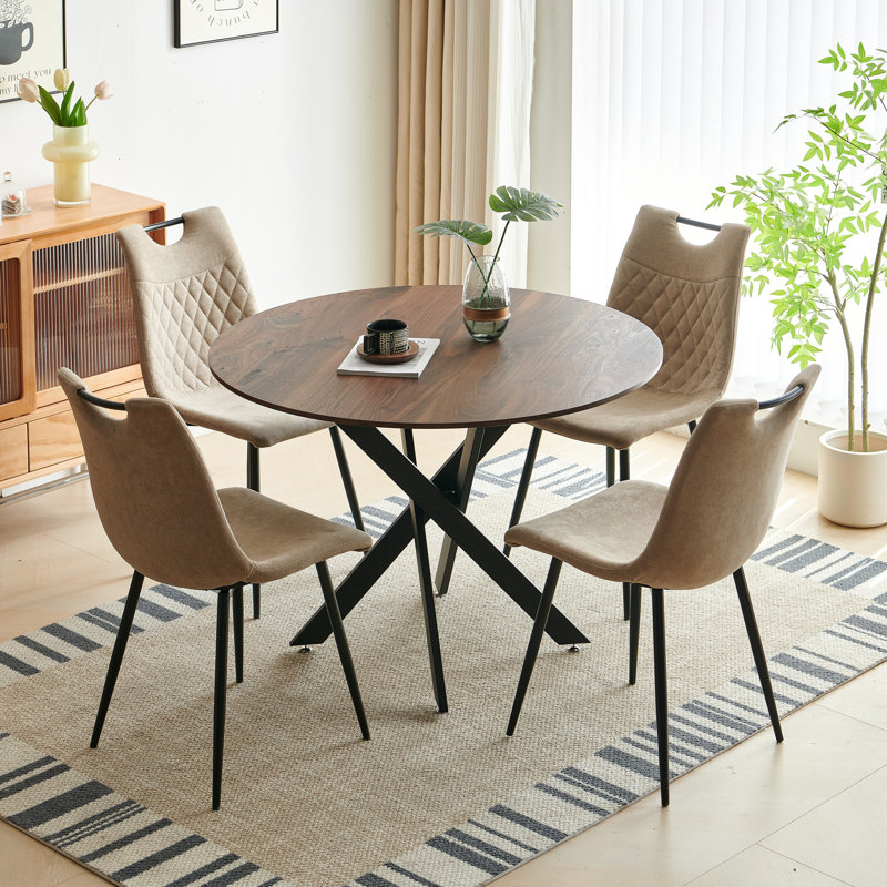 Ensemble de salle à manger 1 + 4,5 pièces, table de salle à manger à pieds en métal Mid-Century pour 4-6 personnes avec plateau en MDF, table de salle à manger à piédestal, table basse de loisirs