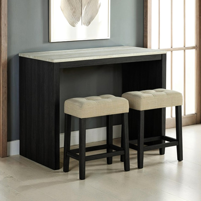 Table de salle à manger 3 pièces - Coussins de tabouret, rectangulaire, rustique, plateau de table gris-beige, 2 tabourets