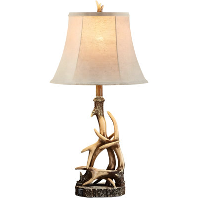 Lampe de table rustique en bois de cerf avec ports de charge USB A + C, abat-jour en lin, style chalet occidental pour chambre à coucher, salon, bureau à domicile