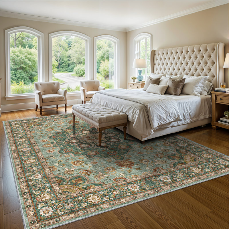 Washable Oriental Area Rug - Rugs for Living Room Soft Carpet for Bedroom Waterproof Floral Distressed Indoor Stain Resistant Non-Shedding Floor Carpets (Green)