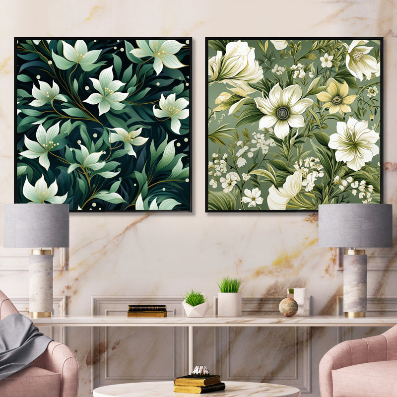 Langelier - Ensemble de 2 collages carrés floraux, Cadre flottant noir, H 16 po x l 33 po
