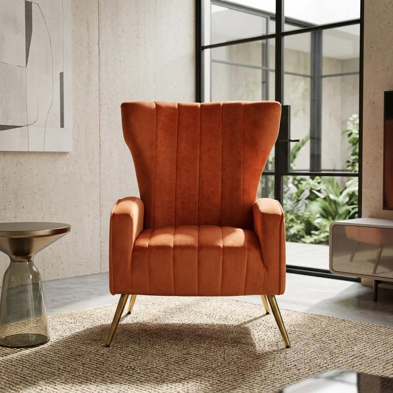Fauteuil à oreilles moderne en velours avec pieds en métal pour espaces compacts, Orange