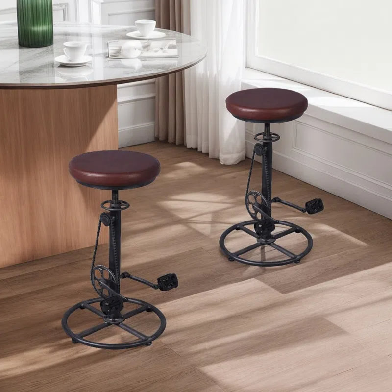 Analeesa Swivel Upholstered Adjustable Height Counter Stool with Metal Frame, Dark Brown  Faux Leather/Black Silver Frame