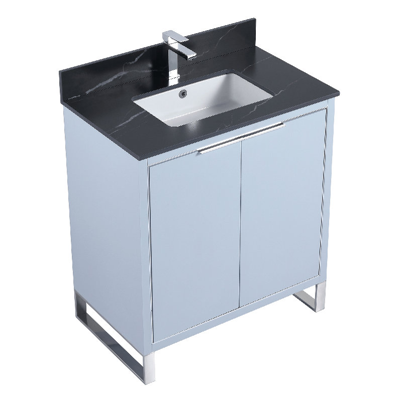 Ensemble de meuble-lavabo simple autoportant 30 po avec plateau en pierre Gesa, Bleu pastel, Chrome