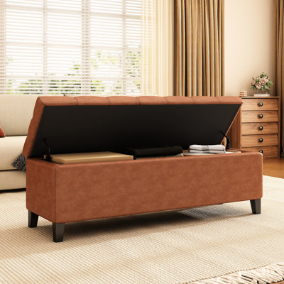 Bouton, rangement, brun cognac, point diamant, cuir PU, pieds en bois de bouleau, design contemporain, fonction polyvalente brune, 51,98 po de profondeur, 17,59 de largeur, 16,76 de hauteur, 23,68 lb