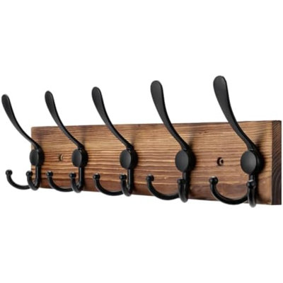 Coat Rack Wall Mount Wooden Hat Rack for Wall Hooks Pine Real Wood Plank 16.9" Brown Coat Hanger with 5 Triple Hooks for Hanging Coat Hat Jacket