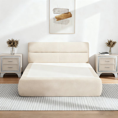 No Assembly Needed Upholstered 3 Piece Bedroom Set, Chenille Queen Compression Bed With 2 Nightstands,