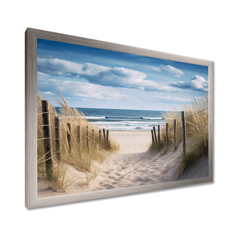 «Tranquility Path To Dune Beach I - Coastal Beach Sand», reproduction sur toile encadrée, Cadre simple noir, Argent argent