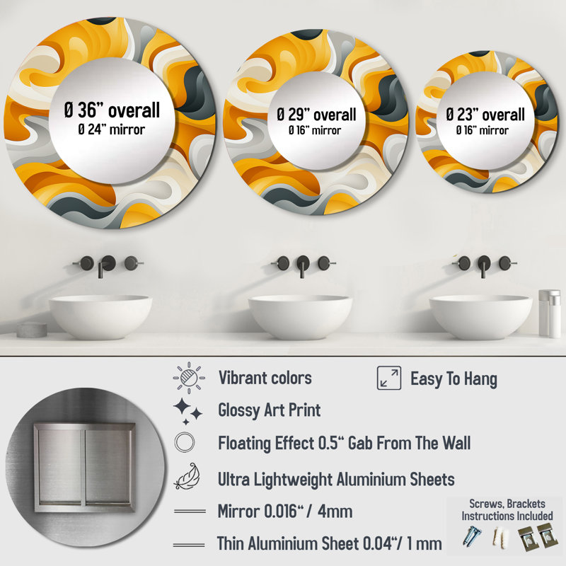 Décoration murale jaune et blanc Mid-Century Waves Fusion - Miroir rond moderne_MTMIR123180, 23 po x 23 po