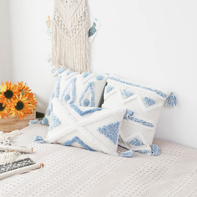 Housse de coussin Boho touffetée avec pampilles, 12 x 20 pouces, décor bohémien texturé pour canapé ou lit, Bleu