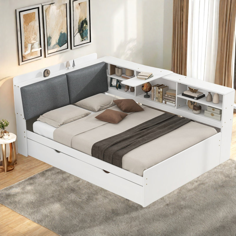 Lit de jour avec lit gigogne, tablettes de rangement, tête de lit tapissier et panneau de rangement rotatif, Complet/Double
