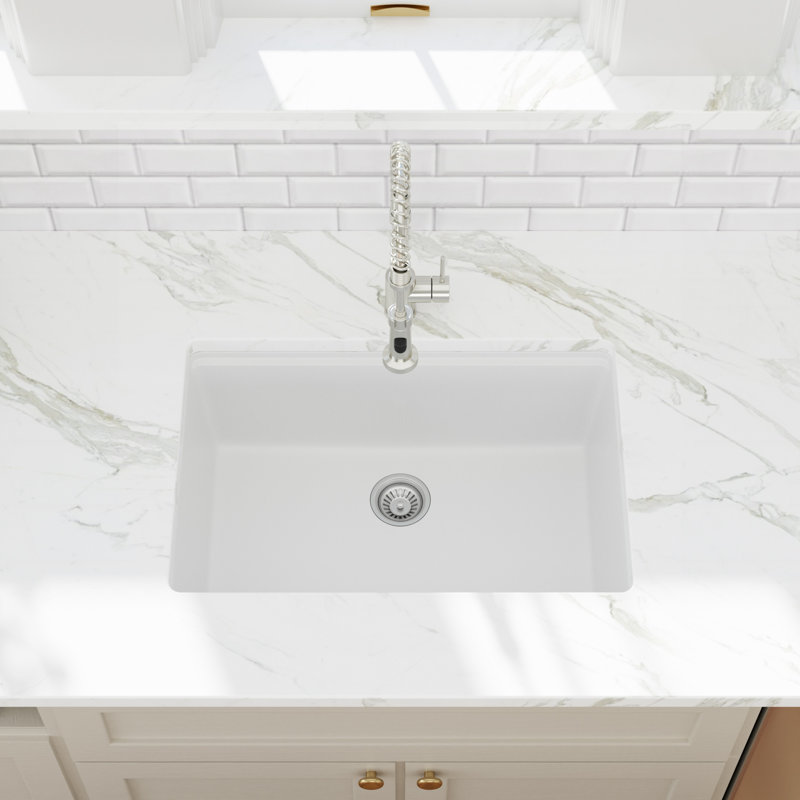 Évier de cuisine à montage sous plan en quartz 28 po x l 19 po, évier de cuisine à simple cuve en granite blanc avec grille d'évier, planche à découper, crépine et support à roulettes