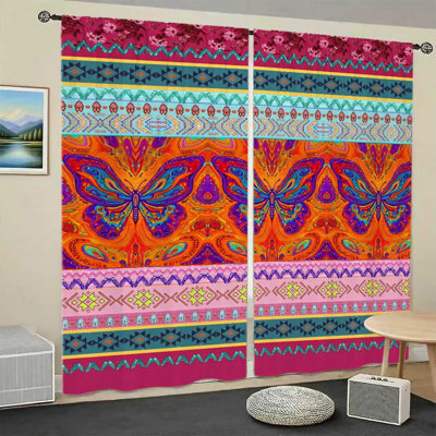 2Pcs Vibrant Butterfly Bohemian Curtains, Paisley Pattern, Tribal Ethnic Design, Light Filtering, Privacy Protection, Rod Pocket, for Living Room, Bedroom, Balcony, Kids, Home Decor