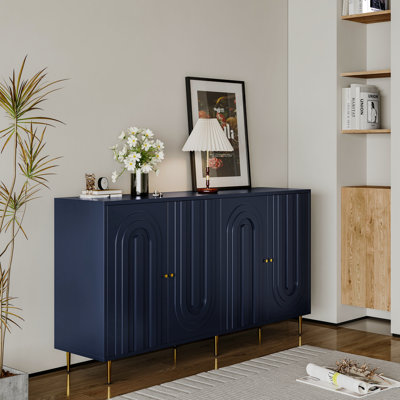 Modern Blue Cabinet Sideboard With 4 Doors. For Dining Room, Hallway. Adjustable Shelves, Lacquered Wooden Living Kitchen. Construction