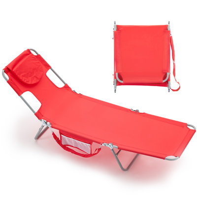 Méridienne de plage pliante réglable à 4 niveaux, lit de bronzage portable avec oreiller, poche latérale et sangle de transport pour la plage, la piscine, le camping, le siège inclinable d'extérieur pliable