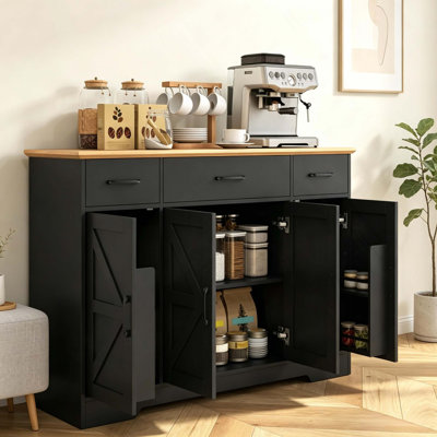 47" Farmhouse Buffet Cabinet with Soft-Close Hinges, Sideboard Featuring 3 Drawers, Adjustable Shelves and Spice Racks