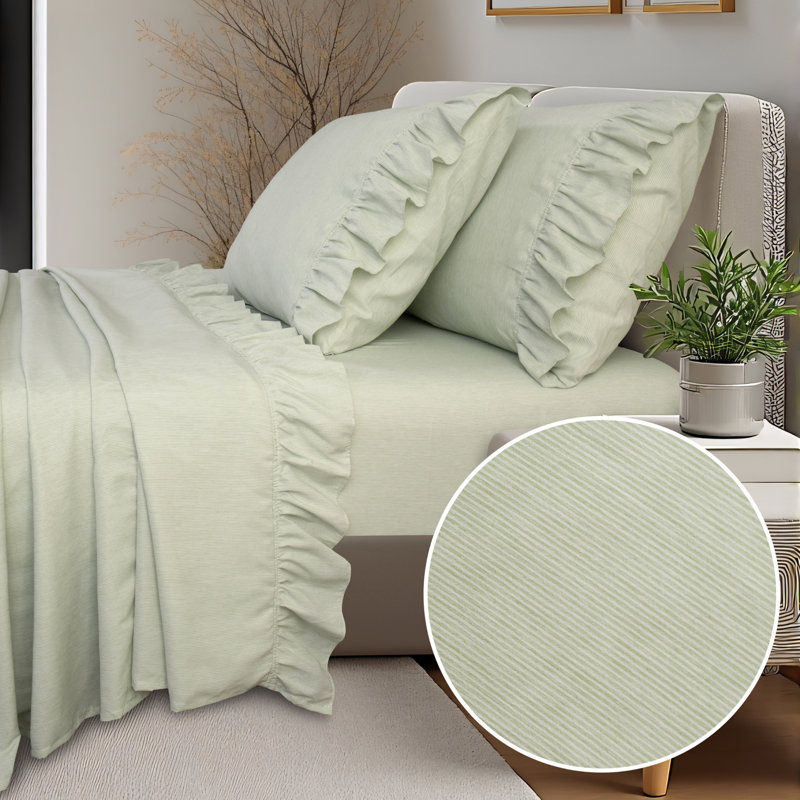 Shabby Chic Printed Pin Stripe Sheet Set, Green, King