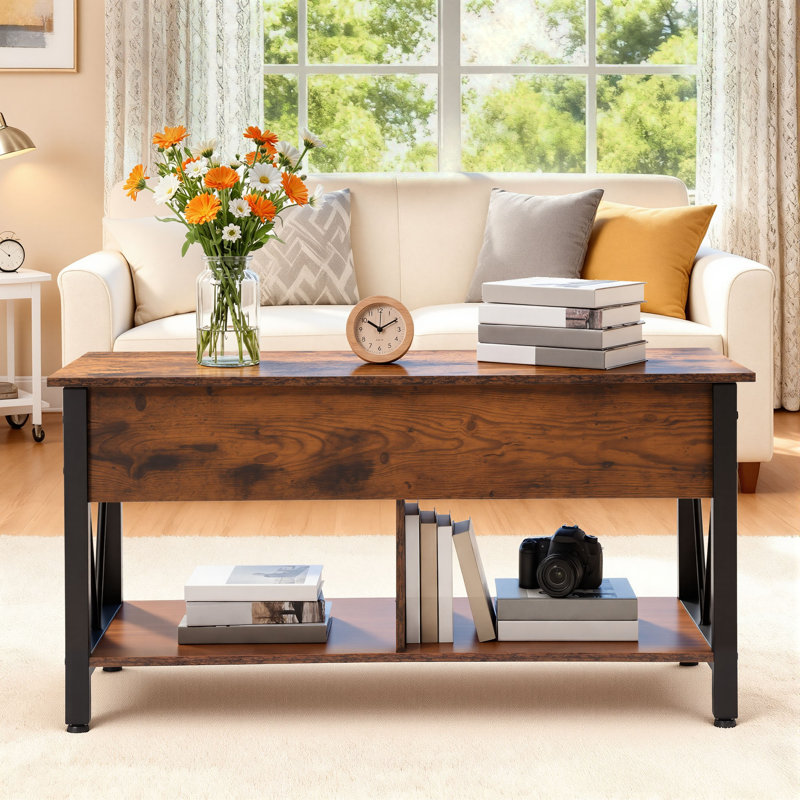 Lift Top Four Leg Coffee Table with Storage, Brown/Black