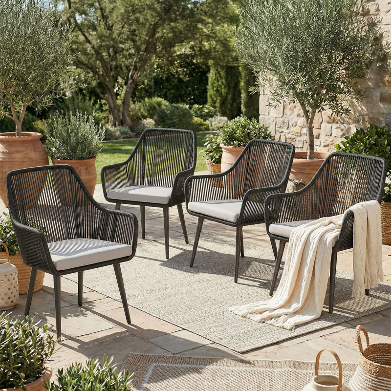 Wicker Premium All-Weather Wicker Outdoor Dining Armchair with Cushion, Black Frame/Light Gray Cushion