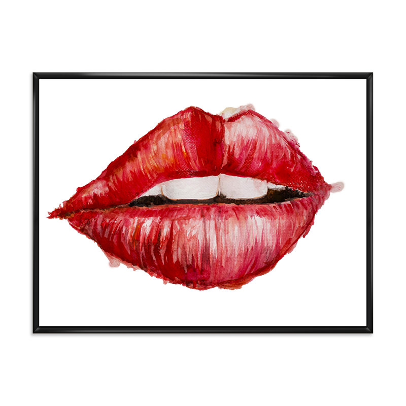 Valentines Day Red Woman Lips - peinture sur toile, H 16 po x l 32 po x p 1 po, Cadre flottant noir
