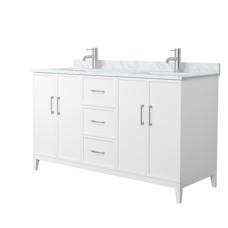 Meuble-lavabo double avec plateau en marbre Elan, Blanc, Nickel brossé, 60"