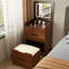Bureau de coiffeuse en noyer avec miroir rabattable et commode spacieuse avec rangement et tiroirs-131095882