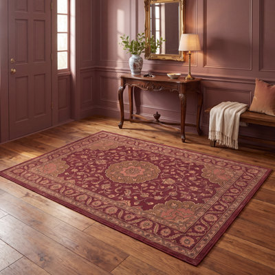Tapis persan traditionnel avec médaillon gravillonné, couleur bordeaux, cuivre, vert, crème et rose, antidérapant, à poils courts, adapté à une utilisation intérieure et extérieure, idéal pour les animaux domestiques, salon, chambre, salle à manger, entrée, couloir, bureau, lavable