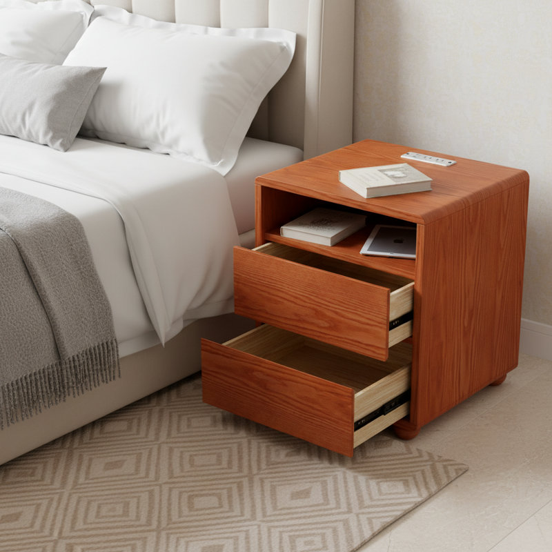Table de chevet Mid-Century moderne en bois massif avec 2 tiroirs, tablettes et station de recharge, Noyer