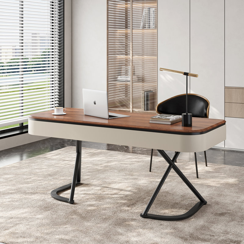  Modern 63'' Office Writing Desk, Brown Wood Desk, 2 Drawers, Stainless Steel legs