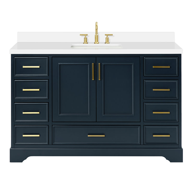 61'' Single Bathroom Vanity with White Quartz Top, Midnight Blue, 55"