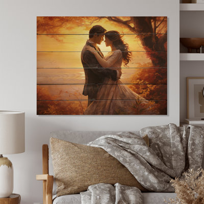 Couple romantique, étreinte lumineuse paysage I sur bois