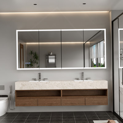 Armoire à pharmacie à DEL avec miroir, armoire de salle de bain avec miroir 72 * 32 pouces avec lumières, encastrée ou murale, 3 couleurs Temperaturesanti-Fog