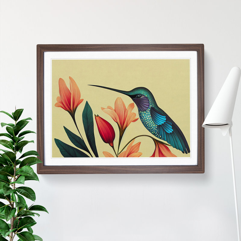Otherworldly Floral Hummingbird 1 Piece Single Picture Frame Wall Art, 25cm H x 34cm W x 2cm D, Walnut