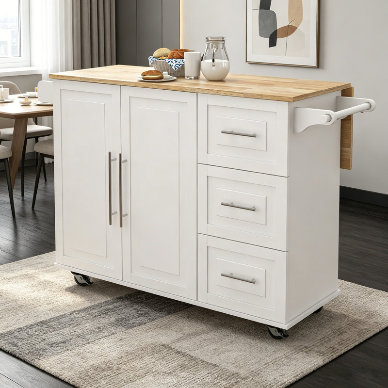 Multifunctional Kitchen Island with Extensible Table Top, Spice Rack, and Towel Holder for Enhanced Storage and Mobility