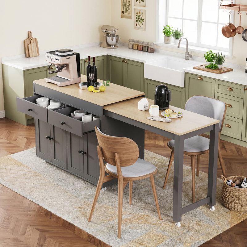 74.5" Gray Rolling Kitchen Island with Extendable Dining Table, Spice Rack, 2 Drawers & 4-Door Storage Cabinet, Grey