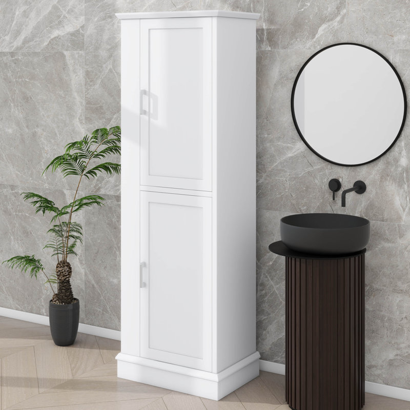 Towering Storage Cabinet Bathroom Floor Stand Alone Unit With Hooks And Customizable Shelf For Bathroom Office Lounge, White