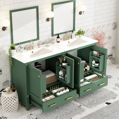 60" Green Bathroom Vanity Set with Double Vanities (Separate), Double Ceramic Sinks, Storage Shelf, and Divided Drawers  (Mirror not included)
